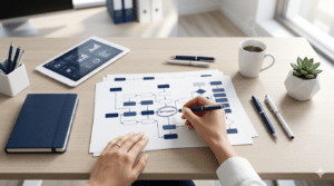 Business owner reviewing printed workflow diagrams at a desk during a workflow audit